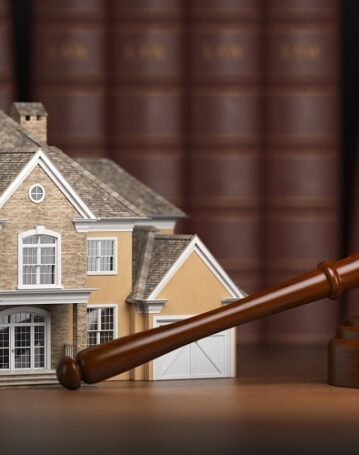 House with gavel and law books.  Real estate law and house auction concept. 3d illustration